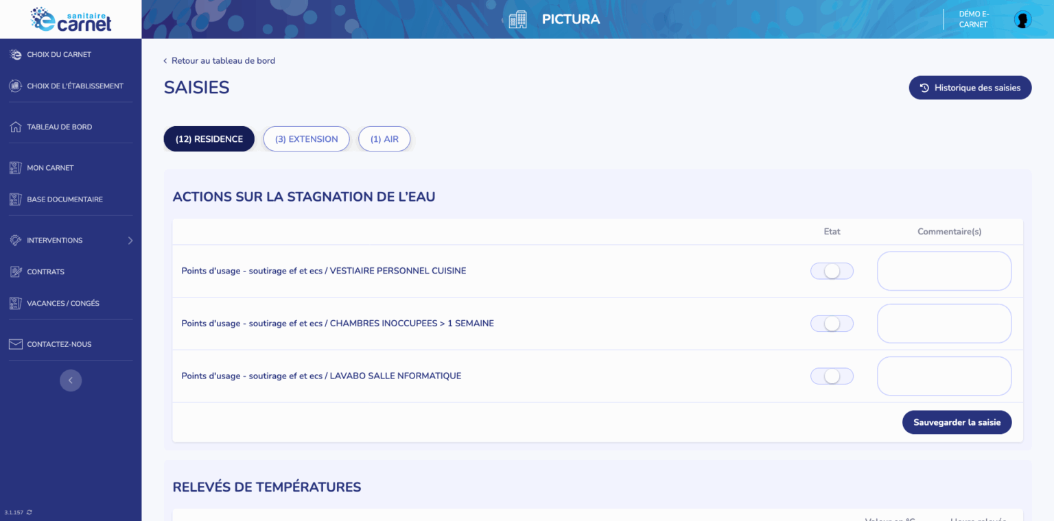 Sanitaire Dashboard Ecarnet v2