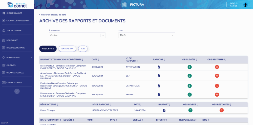 Sanitaire Dashboard Ecarnet v4