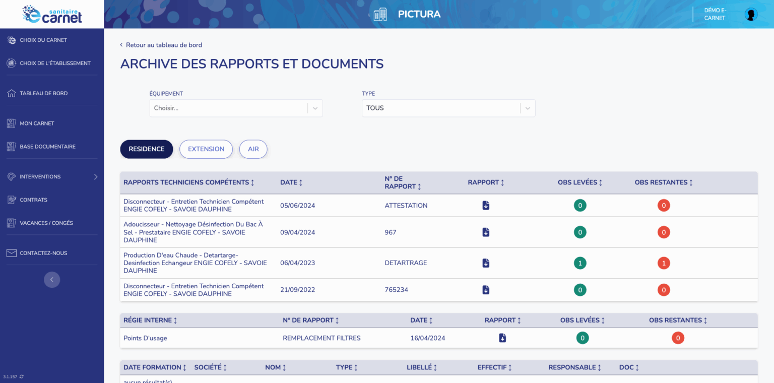 Sanitaire Dashboard Ecarnet v4
