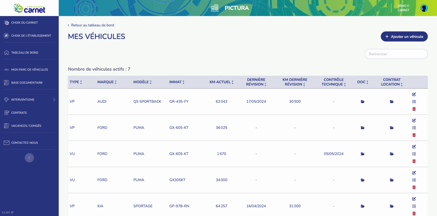 Vehicule Dashboard Ecarnet v2